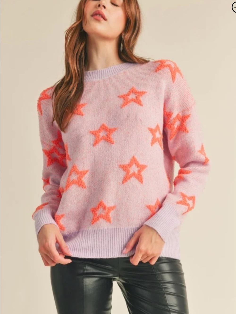 &merci Lilac Pink Star Pattern Crewneck Sweater - Pink/Orange - Large - Soft!